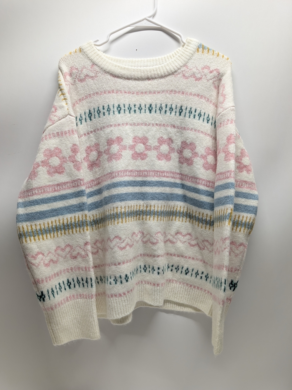 Cozy Floral Stripe Crewneck Sweater - Cream with Pink & Blue